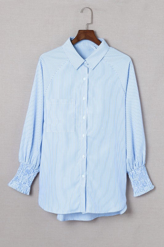 Stripe Smocked shirred oversized shirt blouse-Charmful Clothing Boutique