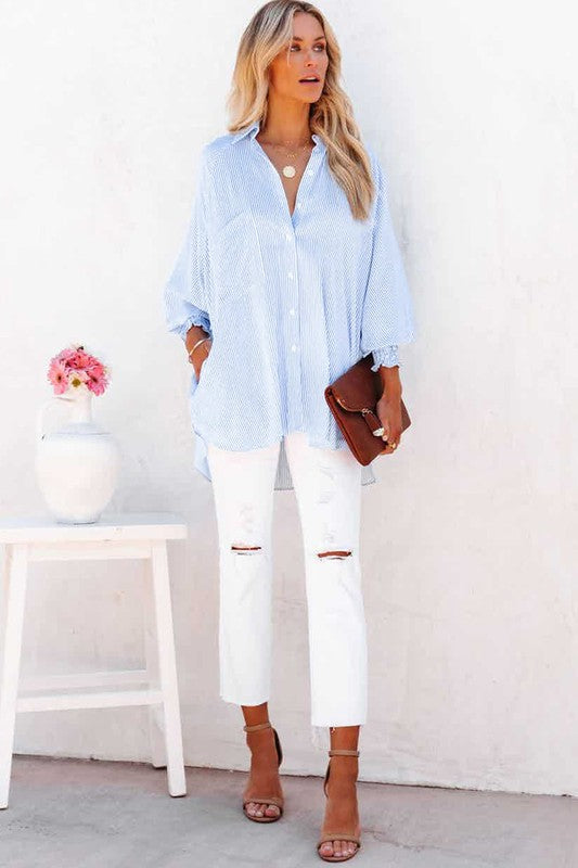 Stripe Smocked shirred oversized shirt blouse-Charmful Clothing Boutique