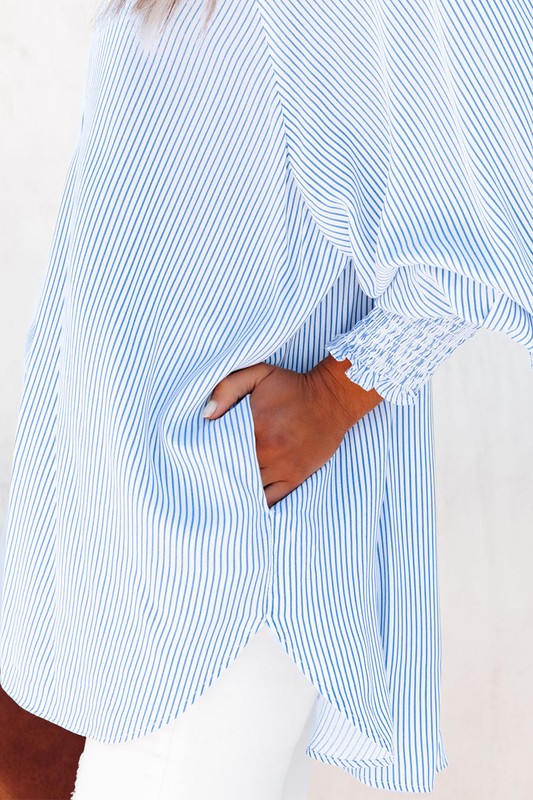 Stripe Smocked shirred oversized shirt blouse-Charmful Clothing Boutique
