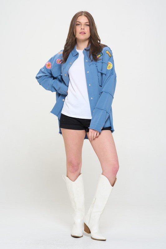 PATCHWORK FRAYED HEM BUTTON DOWN COLLARED TOP-Charmful Clothing Boutique