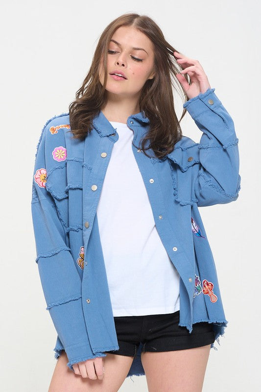 PATCHWORK FRAYED HEM BUTTON DOWN COLLARED TOP-Charmful Clothing Boutique