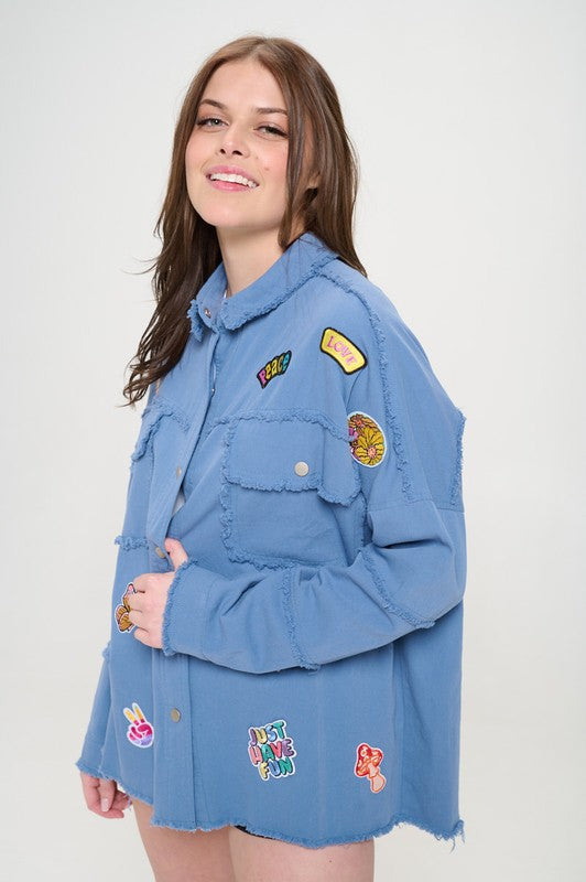 PATCHWORK FRAYED HEM BUTTON DOWN COLLARED TOP-Charmful Clothing Boutique
