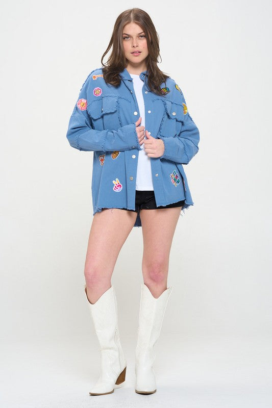 PATCHWORK FRAYED HEM BUTTON DOWN COLLARED TOP-Charmful Clothing Boutique