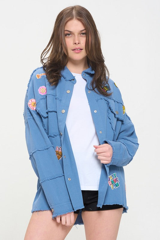 PATCHWORK FRAYED HEM BUTTON DOWN COLLARED TOP-Charmful Clothing Boutique