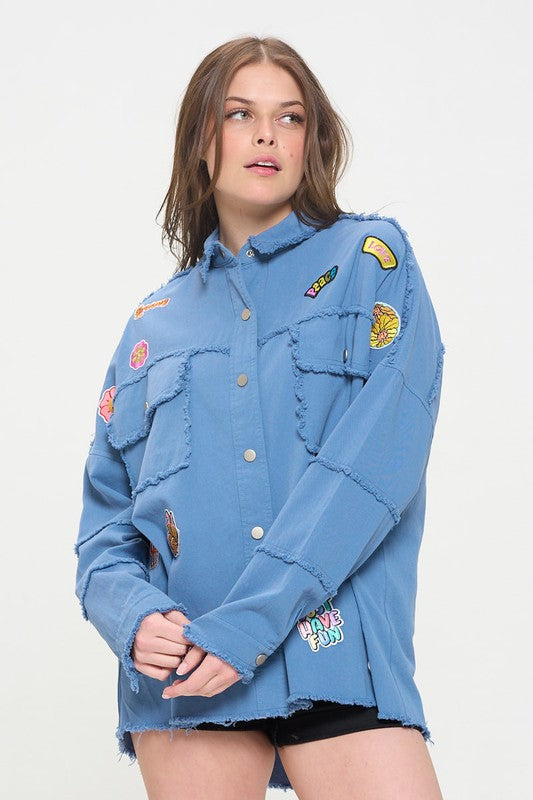 PATCHWORK FRAYED HEM BUTTON DOWN COLLARED TOP-Charmful Clothing Boutique