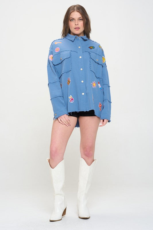 PATCHWORK FRAYED HEM BUTTON DOWN COLLARED TOP-Charmful Clothing Boutique