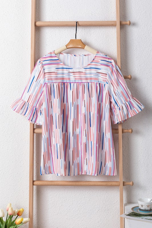White Water color stripe ruffle half sleeve blouse-Charmful Clothing Boutique