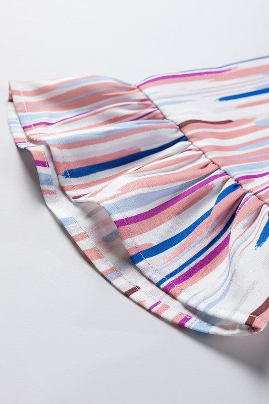White Water color stripe ruffle half sleeve blouse-Charmful Clothing Boutique