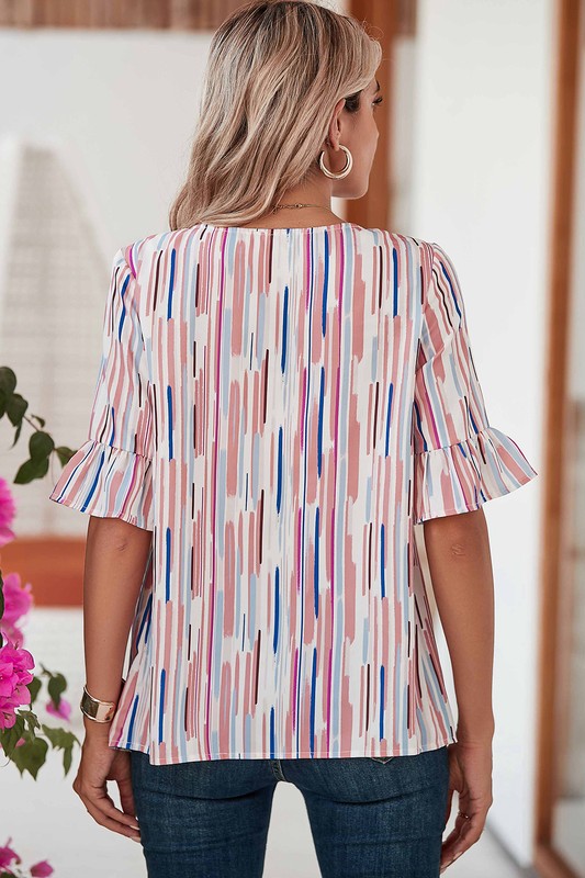 White Water color stripe ruffle half sleeve blouse-Charmful Clothing Boutique