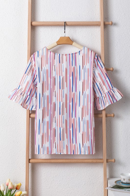 White Water color stripe ruffle half sleeve blouse-Charmful Clothing Boutique