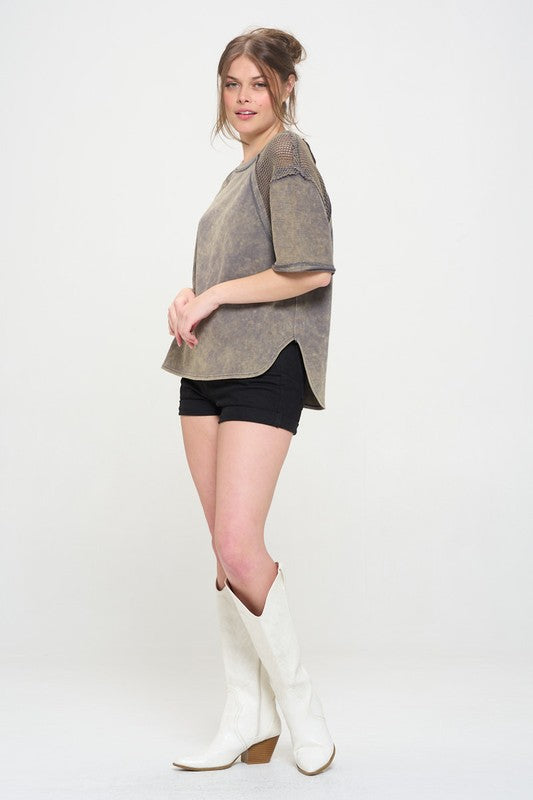 MINERAL WASHED SHORT SLEEVE FISHNET SHOULDER TOP-Charmful Clothing Boutique