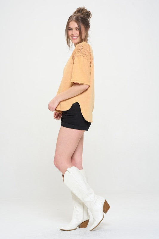 MINERAL WASHED SHORT SLEEVE FISHNET SHOULDER TOP-Charmful Clothing Boutique