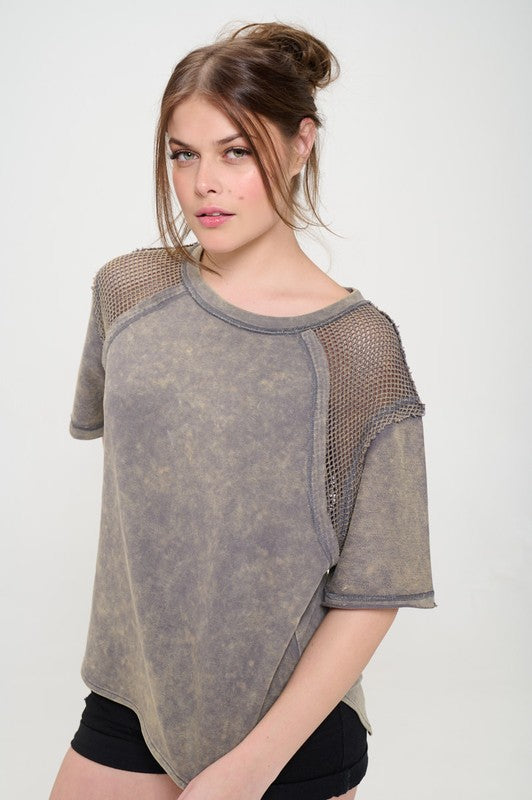 MINERAL WASHED SHORT SLEEVE FISHNET SHOULDER TOP-Charmful Clothing Boutique