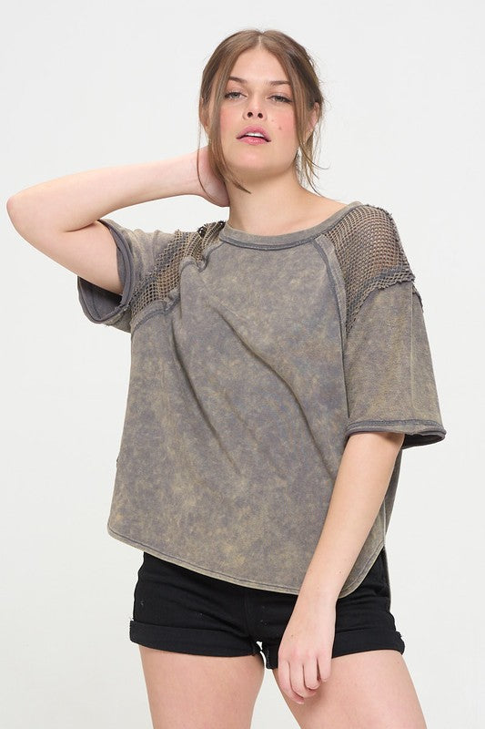 MINERAL WASHED SHORT SLEEVE FISHNET SHOULDER TOP-Charmful Clothing Boutique