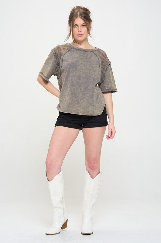 MINERAL WASHED SHORT SLEEVE FISHNET SHOULDER TOP-Charmful Clothing Boutique