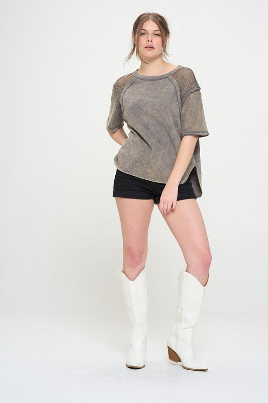 MINERAL WASHED SHORT SLEEVE FISHNET SHOULDER TOP-Charmful Clothing Boutique