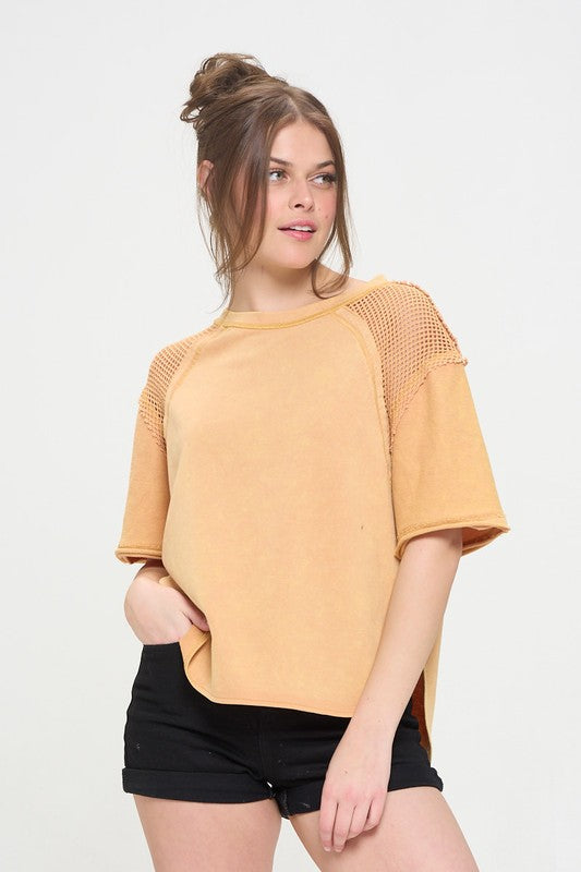 MINERAL WASHED SHORT SLEEVE FISHNET SHOULDER TOP-Charmful Clothing Boutique