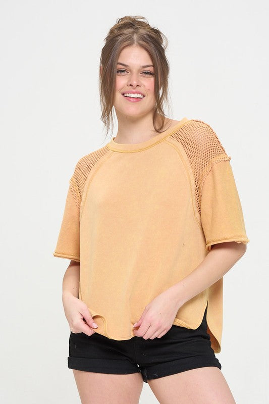 MINERAL WASHED SHORT SLEEVE FISHNET SHOULDER TOP-Charmful Clothing Boutique