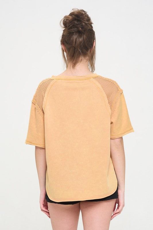 MINERAL WASHED SHORT SLEEVE FISHNET SHOULDER TOP-Charmful Clothing Boutique