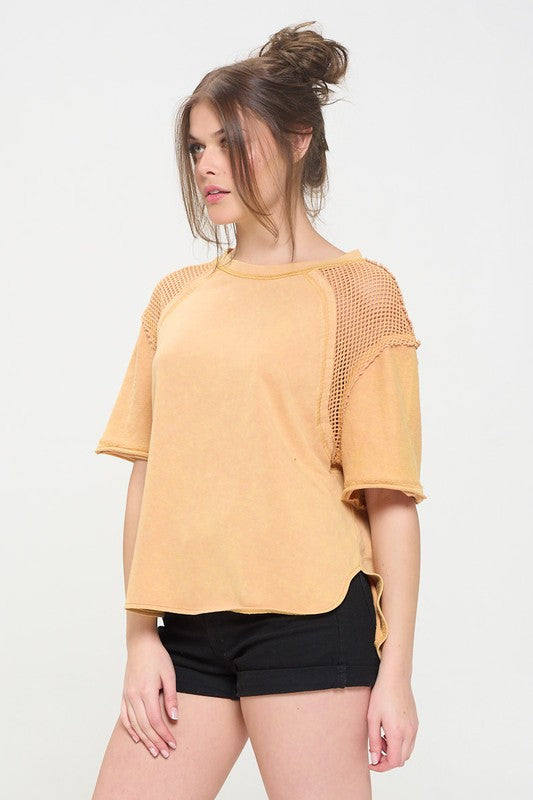 MINERAL WASHED SHORT SLEEVE FISHNET SHOULDER TOP-Charmful Clothing Boutique