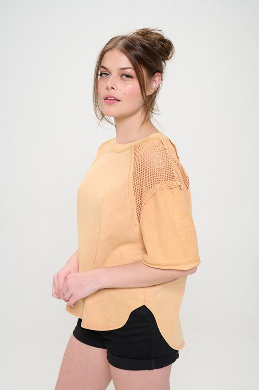 MINERAL WASHED SHORT SLEEVE FISHNET SHOULDER TOP-Charmful Clothing Boutique