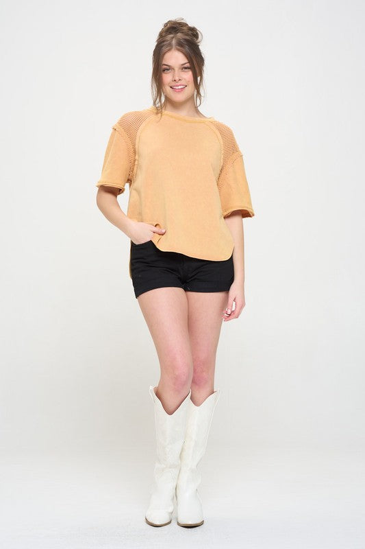 MINERAL WASHED SHORT SLEEVE FISHNET SHOULDER TOP-Charmful Clothing Boutique