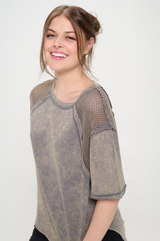 MINERAL WASHED SHORT SLEEVE FISHNET SHOULDER TOP-Charmful Clothing Boutique