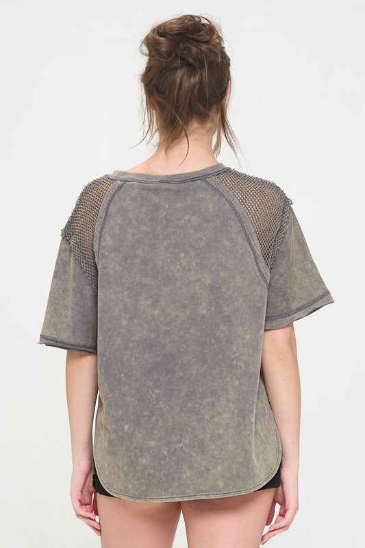 MINERAL WASHED SHORT SLEEVE FISHNET SHOULDER TOP-Charmful Clothing Boutique