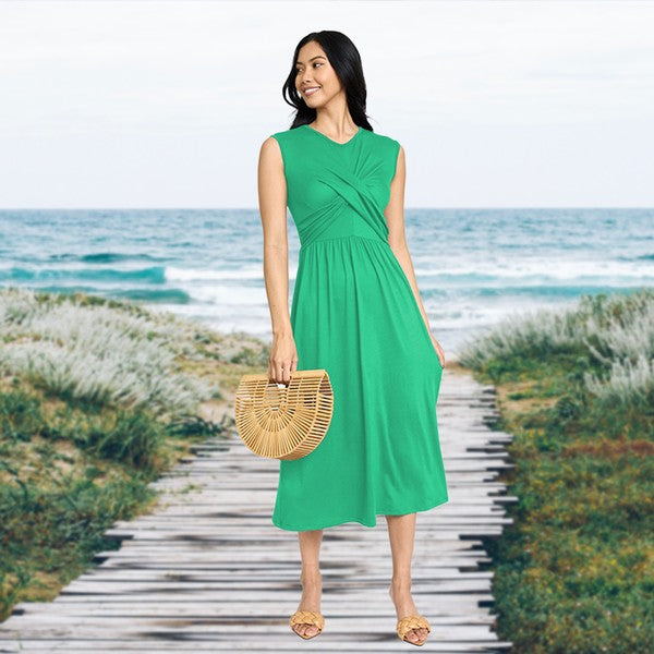 Sleeveless Cross-Over Bodice Midi Dress-Charmful Clothing Boutique
