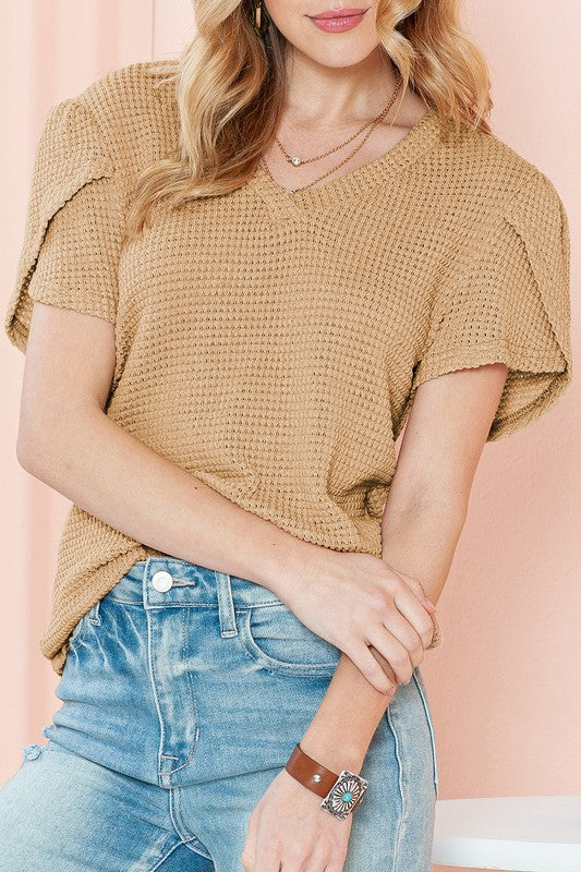 Waffle tulip petal sleeve waffle knit top shirt-Charmful Clothing Boutique