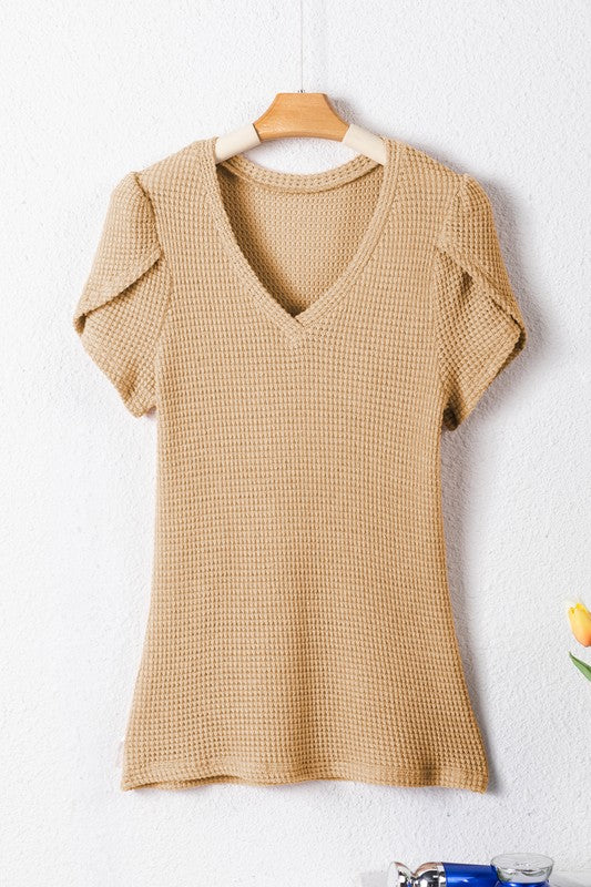 Waffle tulip petal sleeve waffle knit top shirt-Charmful Clothing Boutique