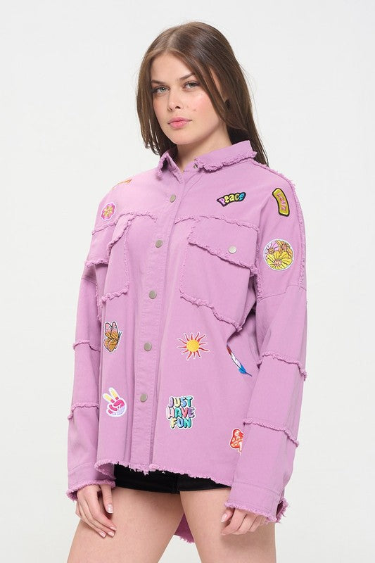 PATCHWORK FRAYED HEM BUTTON DOWN COLLARED TOP-Charmful Clothing Boutique