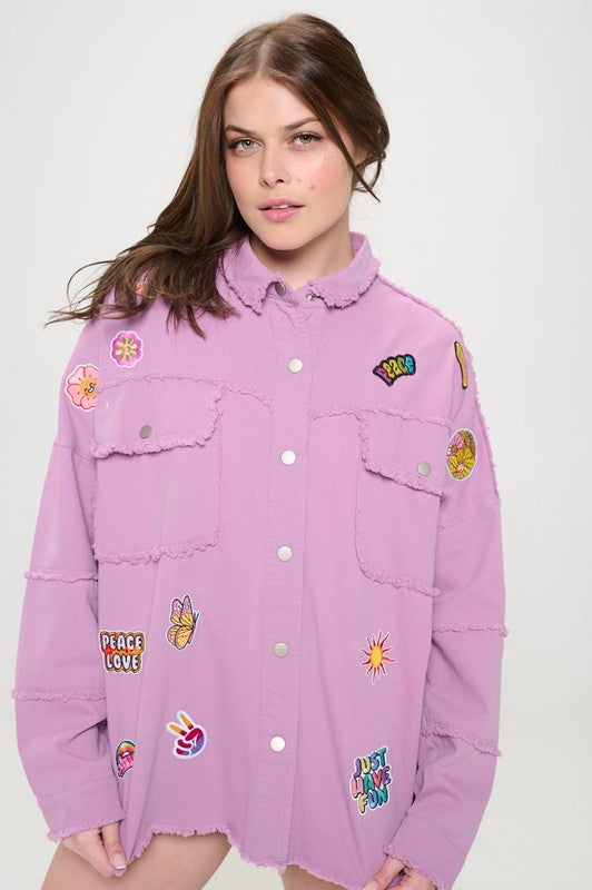 PATCHWORK FRAYED HEM BUTTON DOWN COLLARED TOP-Charmful Clothing Boutique