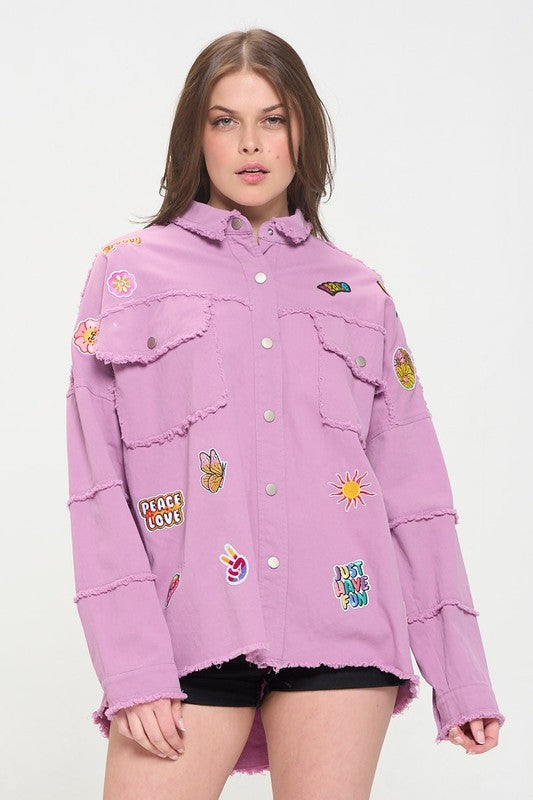 PATCHWORK FRAYED HEM BUTTON DOWN COLLARED TOP-Charmful Clothing Boutique