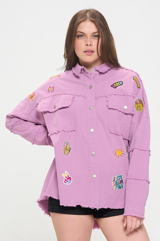PATCHWORK FRAYED HEM BUTTON DOWN COLLARED TOP-Charmful Clothing Boutique