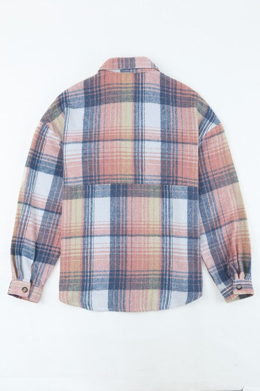 Pink cream plaid checker button shacket shirt-Charmful Clothing Boutique