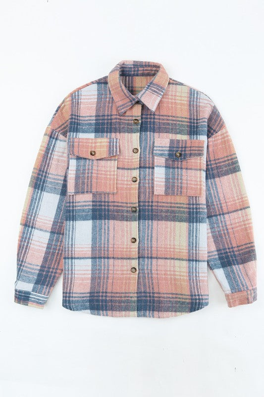 Pink cream plaid checker button shacket shirt-Charmful Clothing Boutique
