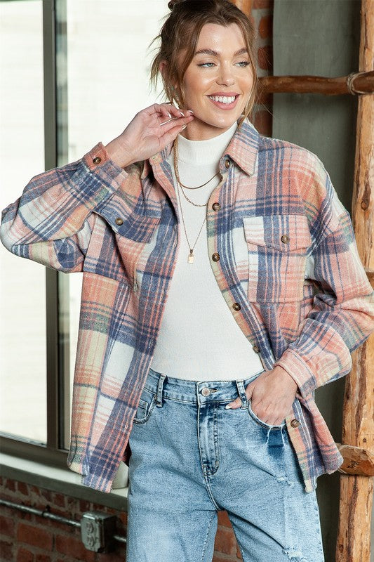 Pink cream plaid checker button shacket shirt-Charmful Clothing Boutique