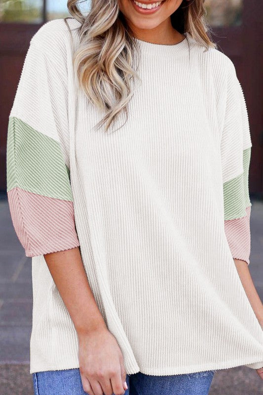 Ribbed Stripe Drop shoulder half sleeve top blouse-Charmful Clothing Boutique