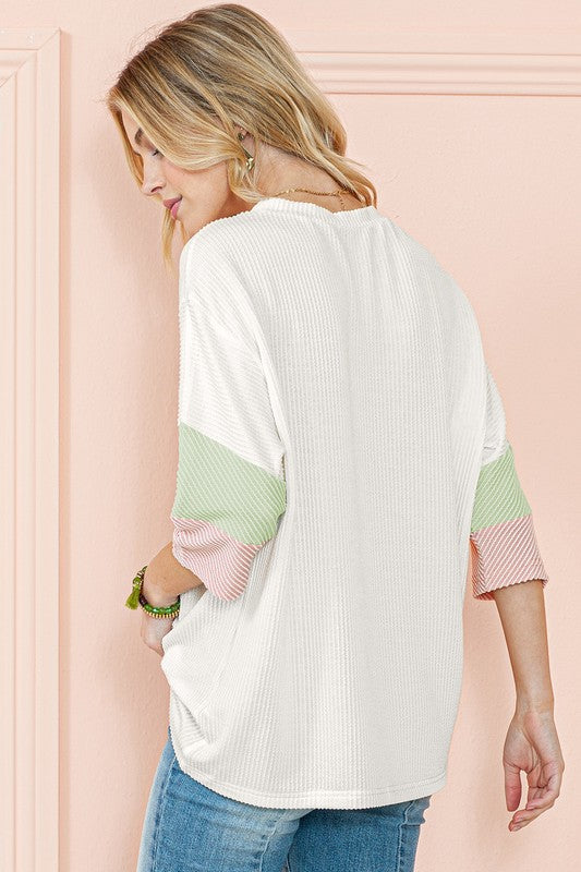 Ribbed Stripe Drop shoulder half sleeve top blouse-Charmful Clothing Boutique