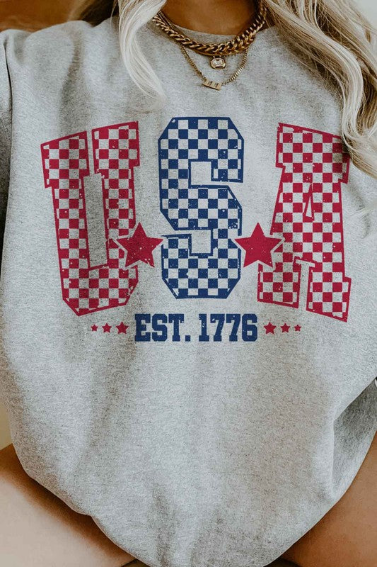 USA CHECKER OVERSIZED SWEATSHIRT-Charmful Clothing Boutique