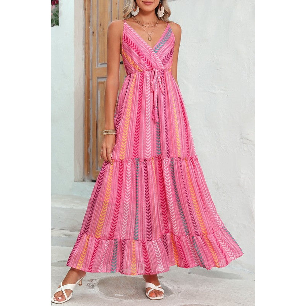 Pink Tribal Tassel Tie V Neck Surplice Maxi Dress-Charmful Clothing Boutique