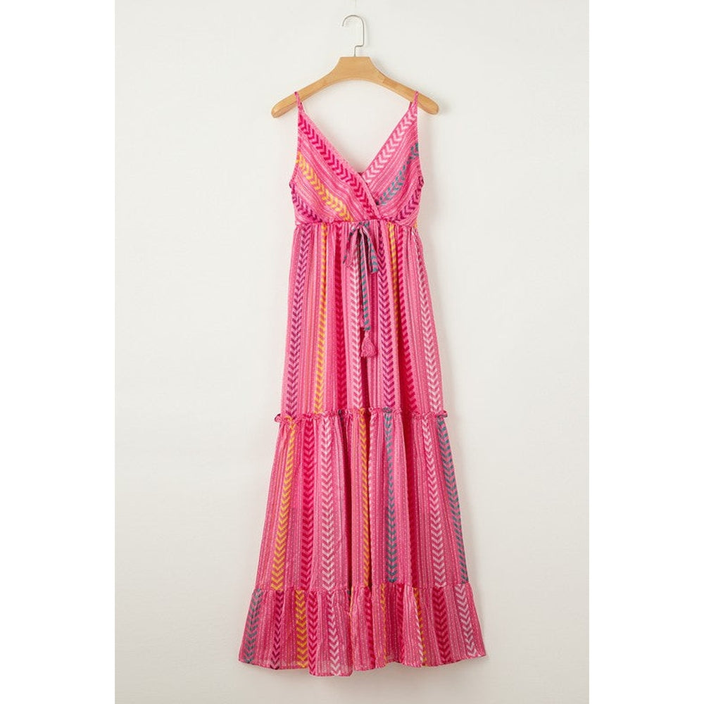 Pink Tribal Tassel Tie V Neck Surplice Maxi Dress-Charmful Clothing Boutique