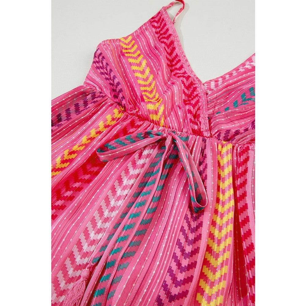 Pink Tribal Tassel Tie V Neck Surplice Maxi Dress-Charmful Clothing Boutique