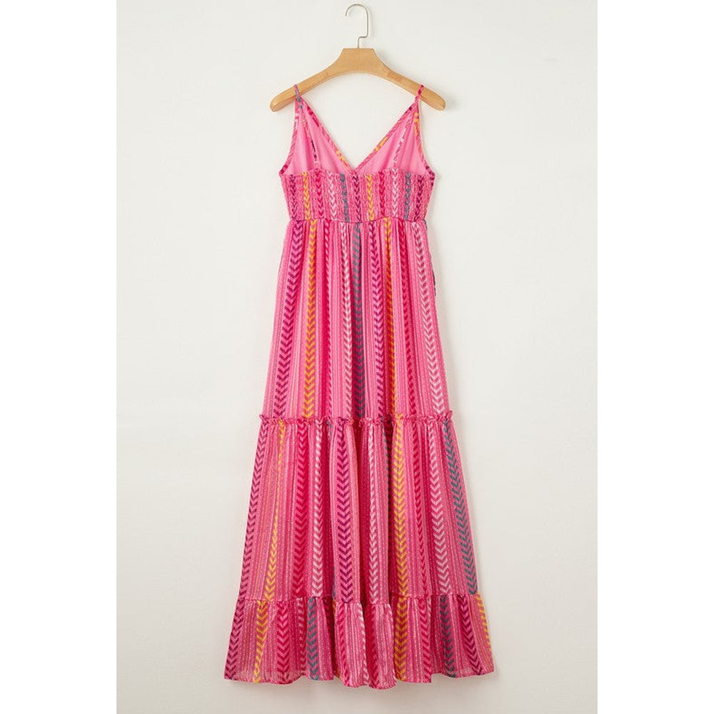 Pink Tribal Tassel Tie V Neck Surplice Maxi Dress-Charmful Clothing Boutique