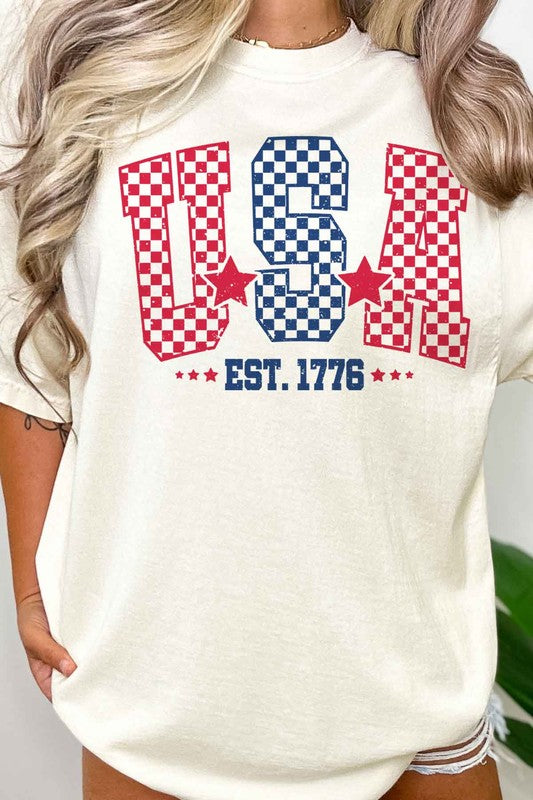 USA CHECKER OVERSIZED GRAPHIC TEE-Charmful Clothing Boutique