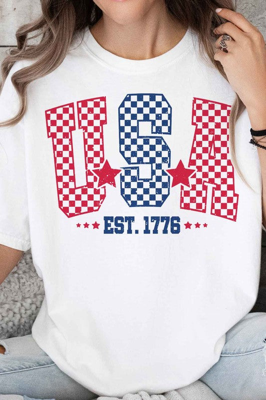 USA CHECKER OVERSIZED GRAPHIC TEE-Charmful Clothing Boutique