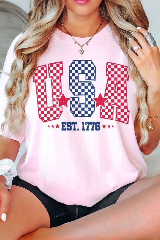 USA CHECKER OVERSIZED GRAPHIC TEE-Charmful Clothing Boutique