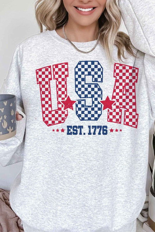 USA CHECKER OVERSIZED GRAPHIC SWEATSHIRT-Charmful Clothing Boutique