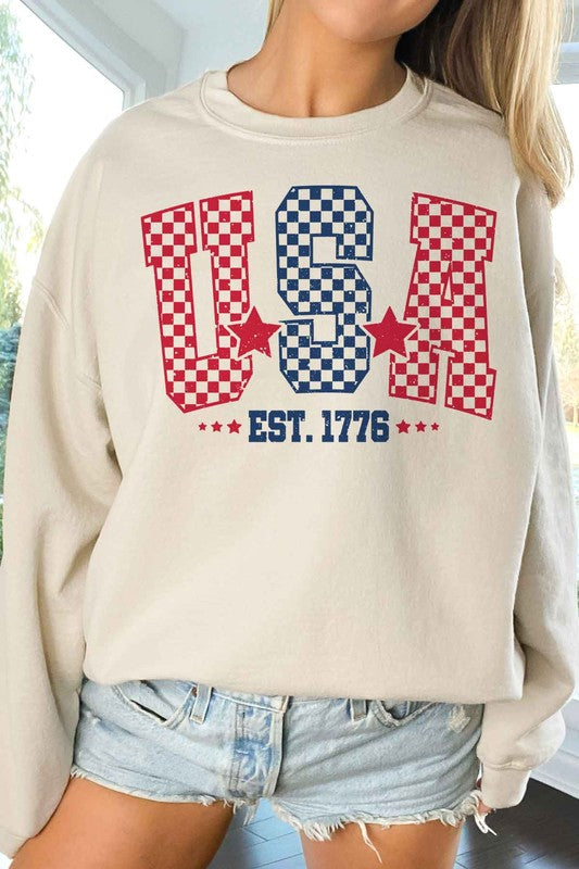 USA CHECKER OVERSIZED GRAPHIC SWEATSHIRT-Charmful Clothing Boutique